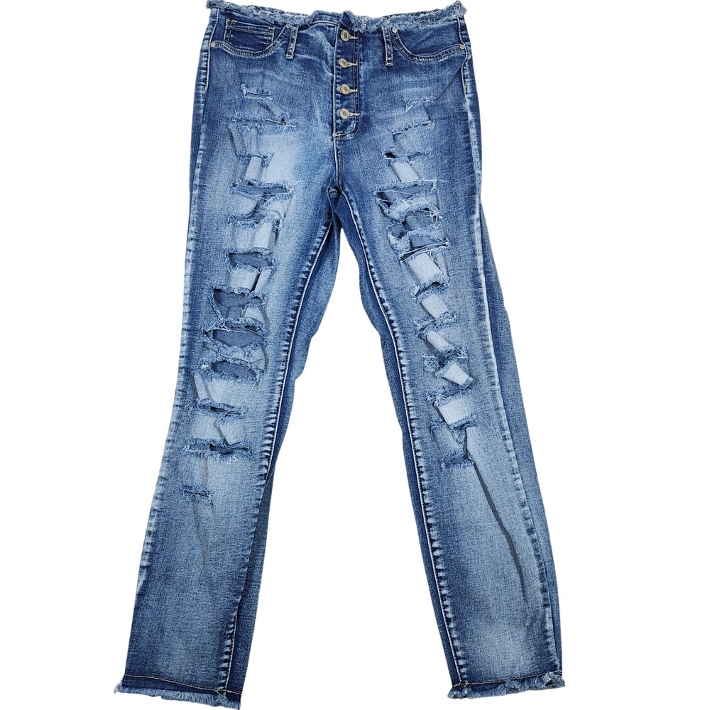 Elite Jeans Curvy High Rise‎ Distressed Skinny Jeans Button Fly Blue 13/14 - Picture 2 of 10